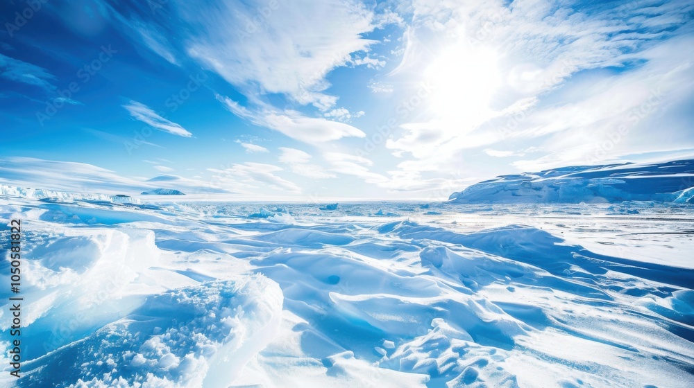 Poster a stunning view of the arctic ice cap with expansive ice fields and a bright, clear sky, polar setti