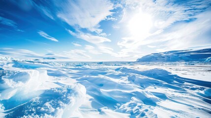A stunning view of the Arctic Ice Cap with expansive ice fields and a bright, clear sky, polar setting with pristine clarity