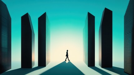 Obraz premium A solitary figure walks through a surreal cityscape, where skyscrapers morph into impossible shapes.