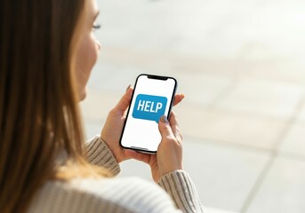 Woman is holding smartphone displaying help message, requesting online assistance or support