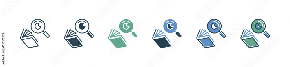 Poster magnifier zoom open book icon set education research study literature writing vector illustration fo