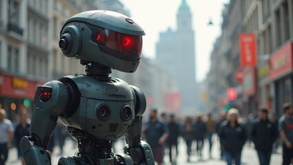Fototapeta premium Futuristic security robot with red visor patrolling city square