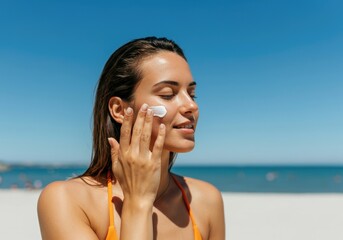 Woman protecting her skin from the sun applying sunscreen lotion on her face at the beach
