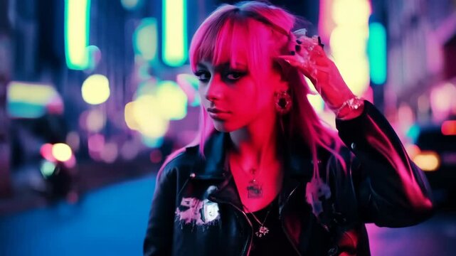 Stylish teenage girl with bright pink hair and make up. Teenage rebellion, transitional awkward age. Fashionable rebel expresses herself. Cool teenager. Punk hipster emo style. Neon city street.