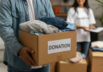 Volunteer holding a donation box full of used clothes for a charity organization
