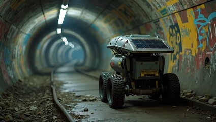 Exploration robot in eerie subway tunnel with graffiti and decay scanning walls with light
