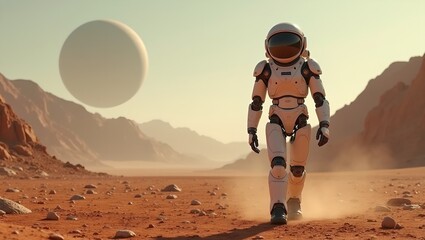Futuristic humanoid robot in space suit on barren exoplanet with gas giant and rocky mountains