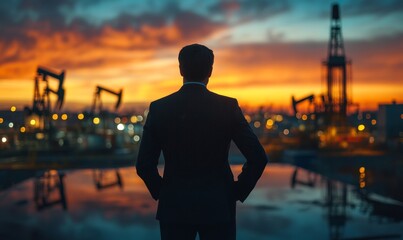 Investor Analyzing Global Oil Prices with Oil Pump Jacks During Sunset in Business Suit, Generative AI