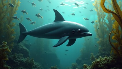 Fototapeta premium Robotic dolphin exploring kelp forest with fish