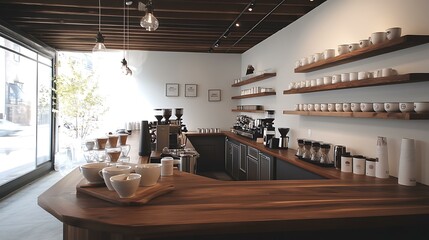 A contemporary coffee bar featuring a wooden countertop, modern pour-over gear, and a selection of unique artisanal cups alongside fresh coffee beans