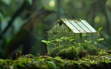 Green moss glasshouse hobby collection on forest
