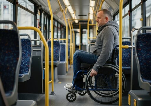 Disabled passenger sitting in wheelchair using public transport looking out the window - Powered by Adobe