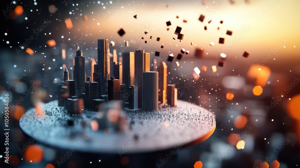 Poster a surreal cityscape, where buildings and streets are distorted by the interplay of light and particl