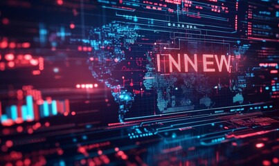 Global digital news concept with bold NEWS lettering overlaying a binary code matrix, world map, and financial graphs representing instant access to international, Generative AI