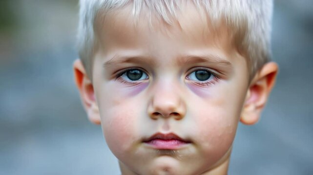 Funny little albino boy with white hair. Pretty blond child model. Happy childhood concept. Beautiful cute children photo at kindergarten. Joy positive nice kid. 5 years old look at camera.
