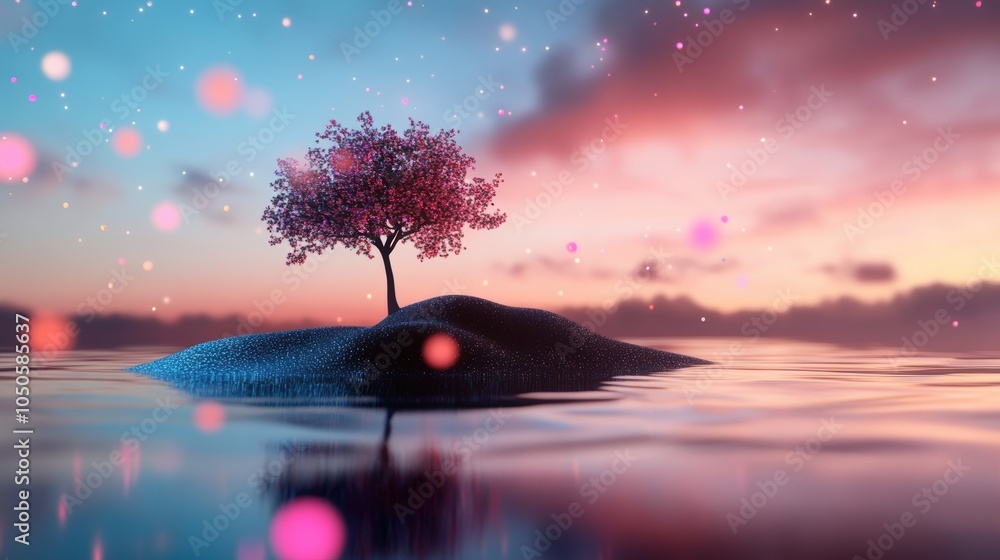 Poster a surreal landscape, where particles ripple and undulate, creating a mesmerizing visual representati