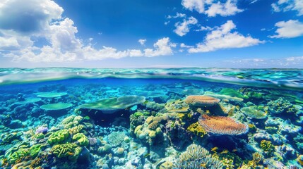 Fototapeta premium A stunning view of the Great Barrier Reef with colorful coral formations and clear blue water, vibrant setting with bright sunlight, Marine style