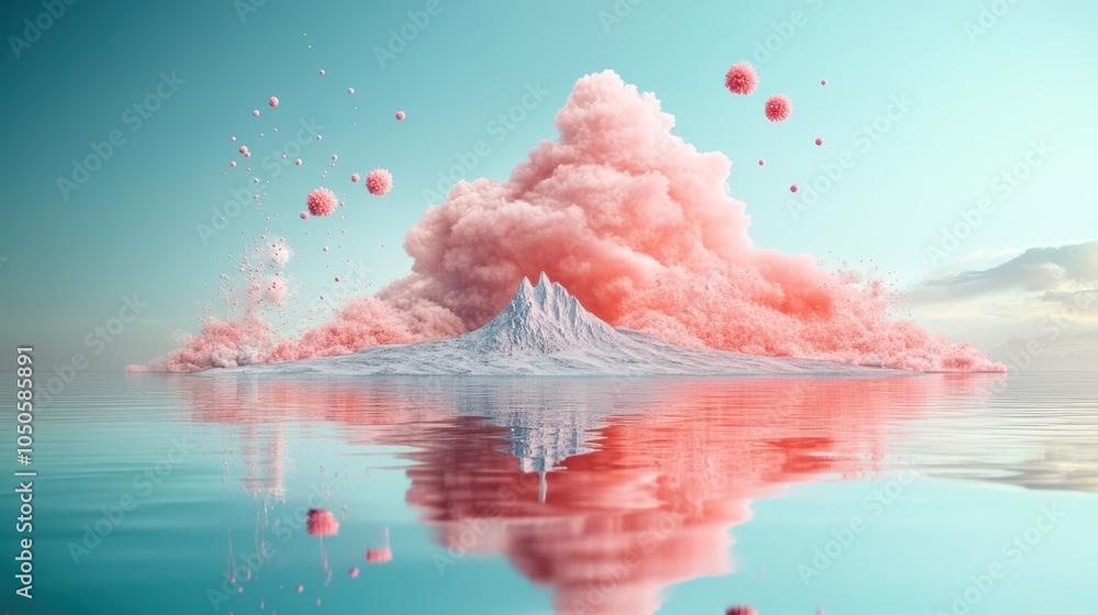 Poster a surreal landscape, where ordinary matter is distorted by the presence of particles, creating a hal