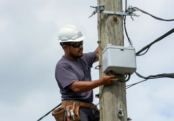 Electrician working on electrical power lines installing a new control box