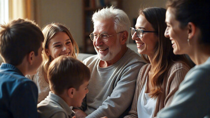 A joyful family gathering, with multiple generations enjoying a happy moment together.