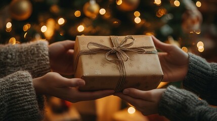 A Heartwarming Gift Exchange Under Twinkling Christmas Lights of Joy and Anticipation