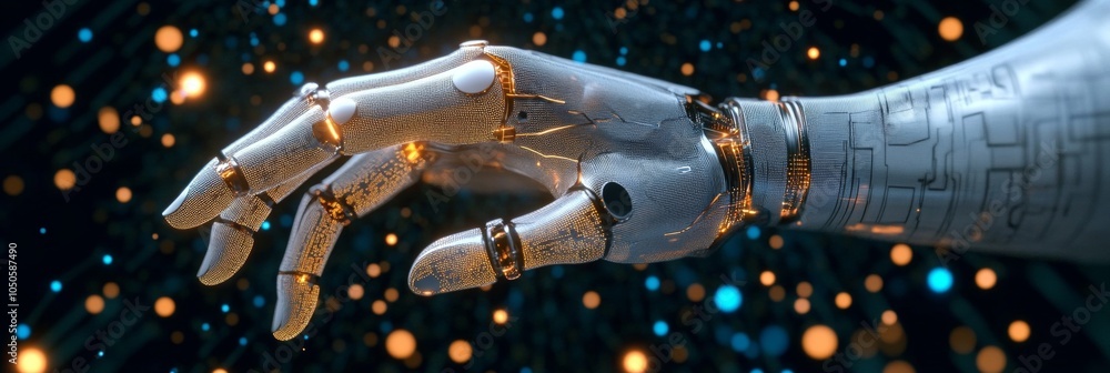 Poster robot hand reaching out on illuminated background, advanced bionic limb, robotics, technology