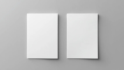 Fototapeta premium Open and closed blank brochures on grey background, top view. Mock up for design, 16:9 widescreen, 300 dpi, with free space for text