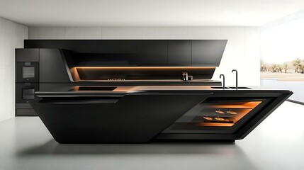A futuristic kitchen showcasing smart cooking appliances, minimalist cabinetry, and voice-controlled systems for a seamless culinary experience