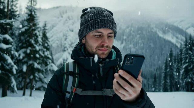 Serious Caucasian male hiker in a winter mountain forest with smartphone looking for her geolocation. The hiker pauses to examine his smartphone for accurate location data.