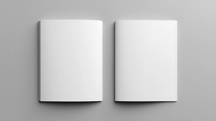 Open and closed blank brochures on grey background, top view. Mock up for design, 16:9 widescreen, 300 dpi, with free space for text