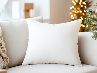 Plain pillow on a couch with twinkling Christmas lights in the distance, simple holiday setting, perfect for mockup, clean and minimal