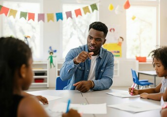 Male teacher pointing his finger while explaining a lesson to elementary school students in a classroom