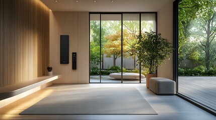 Obraz premium A high-tech entryway showcasing smart locks, minimalist furniture, and voice-activated devices that greet guests in a modern home