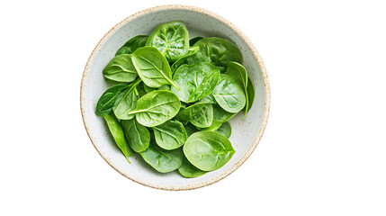 Obraz premium Fresh spinach leaves in a white bowl, top view isolated on transparant background. Generative ai