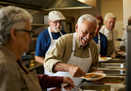 Happy senior man serving free food to the needy in a soup kitchen, volunteering in a community service program