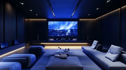 A sleek entertainment room featuring minimalist seating, a smart TV, and voice-activated devices for controlling audio and lighting in a stylish interior