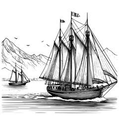 illustration of a schooner, ship isolated on white