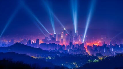 Stunning View of a Modern City Skyline Illuminated at Night: Searchlights and Vibrant Colors Create a Breathtaking Atmosphere, Showcasing Urban Life against a Majestic Mountain Backdrop