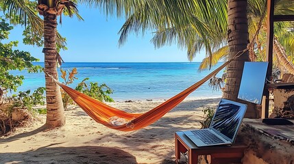 A charming beach setup showcasing a laptop next to a bright hammock, framed by palm trees and a beautiful ocean view, ideal for remote work