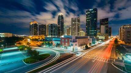 Obraz premium Dynamic Night Scene of a Modern Skyline: Captivating City Lights and Flowing Traffic Create a Lively Urban Atmosphere Under a Starry Sky