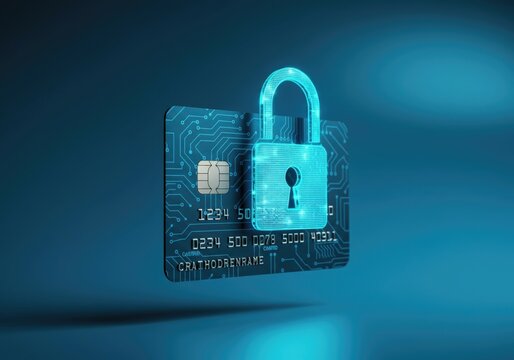Credit card with glowing digital padlock ensuring secure online payments and protecting financial data