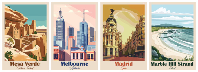 Set of Vintage Travel Posters, National Park Art Prints Nature Wall Art and Mountain Print Set Abstract Travel for Hikers Campers Living Room Decor. Vector illustration colorful