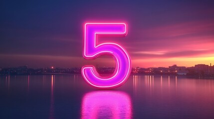 Large, Vibrant Neon Number Five Illuminating a Night Cityscape With Reflection in Water