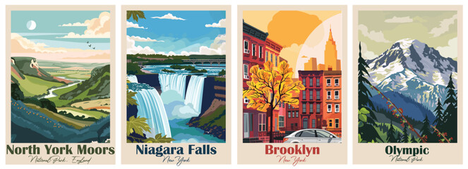 Set of Vintage Travel Posters, National Park Art Prints Nature Wall Art and Mountain Print Set Abstract Travel for Hikers Campers Living Room Decor. Vector illustration colorful