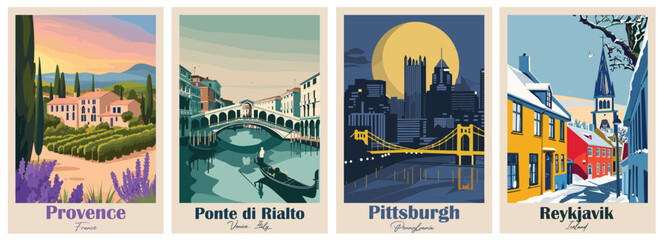 Set of Vintage Travel Posters, National Park Art Prints Nature Wall Art and Mountain Print Set Abstract Travel for Hikers Campers Living Room Decor. Vector illustration colorful