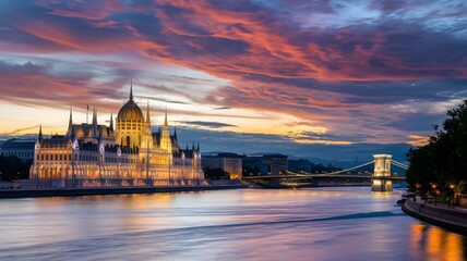Fototapeta premium Stunning View of the Hungarian Parliament Building at Sunset: A Majestic Scene Featuring Historical Architecture Illuminated by a Warm Glow Against a Colorful Sky Over the Danube River