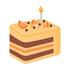 Birthday cake slice piece with topping and candles