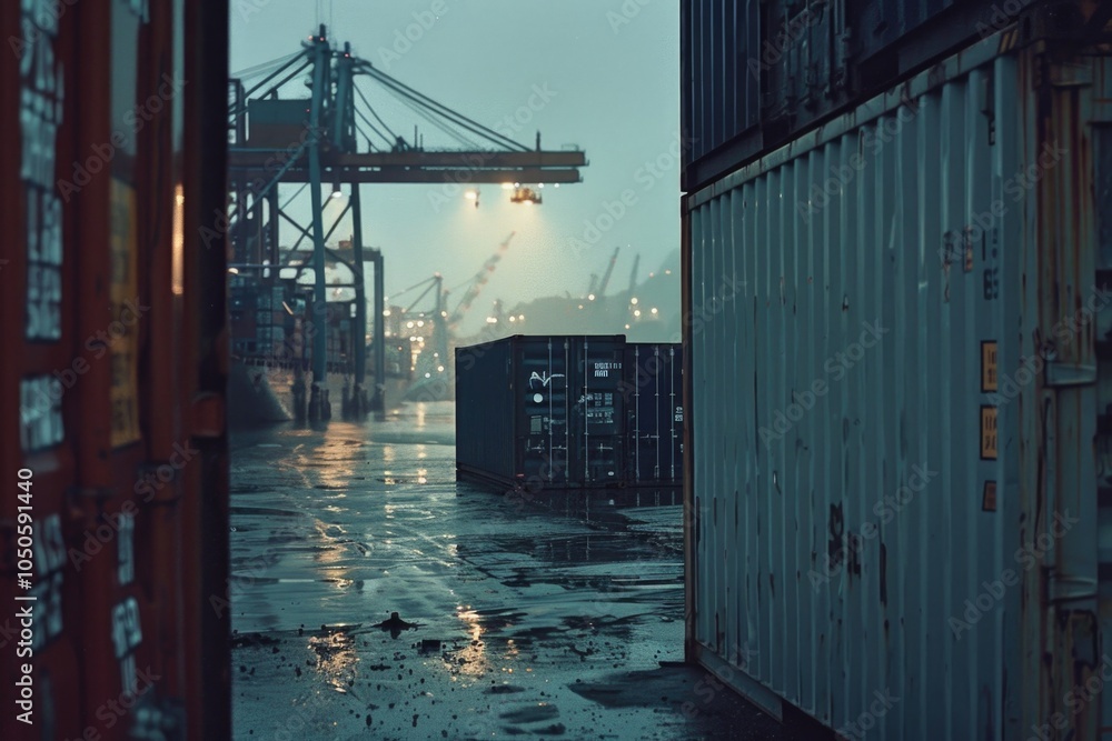 Poster aerial view of a container yard with a crane in the background, perfect for use in industrial or com