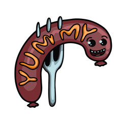 Doodle  vector illustration of yummy sausage on the fork. Funny cartoon vector illustration of colorful smiling sausage on the fork. Design for cafe, restaurant, fast food, etc.