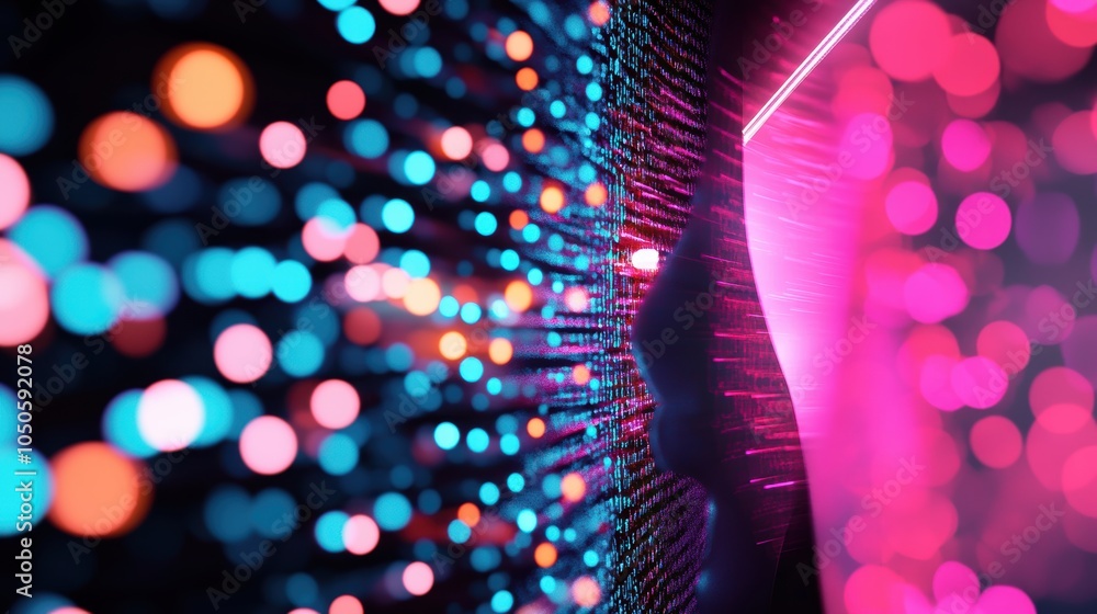 Poster a close up of a neon lit computer screen displaying a digital design, showcasing the modern approach